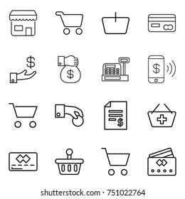 thin line icon set : shop, cart, basket, card, investment, money gift, cashbox, phone pay, hand coin, account balance, add to, credit