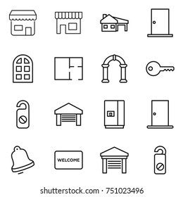 thin line icon set : shop, house with garage, door, arch window, plan, key, do not distrub, fridge, bell, welcome mat