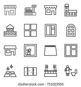 thin line icon set : shop, cashbox, mansion, cottage, window, arch, flower in, curtain, clean floor, skysrcapers cleaning, toilet