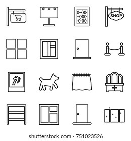 thin line icon set : shop signboard, billboard, abacus, window, door, vip fence, photo, dog, curtain, dresser, rack, clean