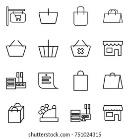 thin line icon set : shop signboard, basket, shopping bag, delete cart, store, list, cashbox, mall