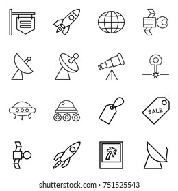 thin line icon set : shop signboard, rocket, globe, satellite, antenna, telescope, laser, ufo, lunar rover, label, sale, photo