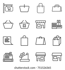 thin line icon set : shop signboard, basket, shopping bag, delete cart, store, list, cashbox