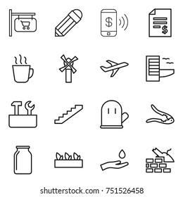 thin line icon set : shop signboard, pencil, phone pay, account balance, hot drink, windmill, plane, hotel, repair tools, stairs, cook glove, walnut crack, bank, seedling, hand and drop