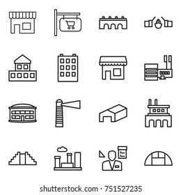 thin line icon set : shop, signboard, bridge, drawbridge, cottage, building, mall, airport, lighthouse, warehouse, factory, pyramid, city, architector, greenhouse