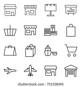 thin line icon set : shop, billboard, presentation, basket, store, shopping bag, port, cart, plane, airplane, garage