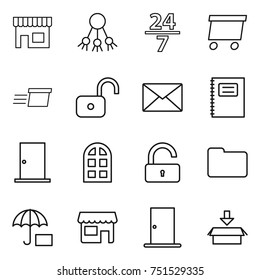 thin line icon set : shop, share, 24 7, delivery, unlock, mail, copybook, door, arch window, documents, insurance, package