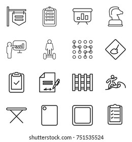 thin line icon set : shop signboard, clipboard, presentation, chess horse, hoverboard, chip, under construction, check, inventory, pallet, surfer, iron board, cutting, list