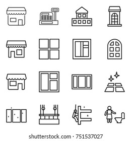 thin line icon set : shop, cashbox, cottage, building, window, arch, clean floor, skysrcapers cleaning, skyscrapers, toilet