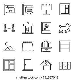 thin line icon set : shop signboard, billboard, window, vip fence, detector, photo, dog, landscape, curtain, dresser, rack, door, barn, clean