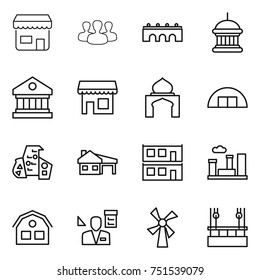 thin line icon set : shop, group, bridge, goverment house, library, minaret, hangare, modern architecture, with garage, modular, city, architector, windmill, skysrcapers cleaning