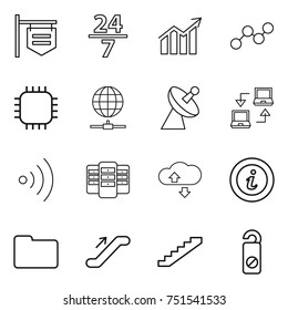 thin line icon set : shop signboard, 24 7, diagram, graph, chip, globe connect, satellite antenna, notebook, wireless, server, cloude service, info, documents, escalator, stairs, do not distrub