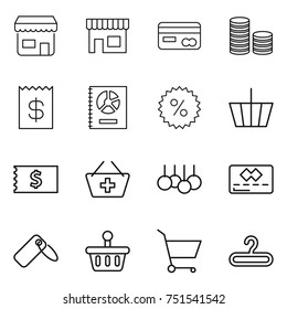 thin line icon set : shop, card, coin stack, receipt, annual report, percent, basket, add to, sale, credit, label, cart, hanger