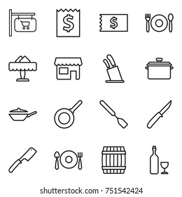 thin line icon set : shop signboard, receipt, cafe, restaurant, stands for knives, pan, spatula, knife, chef, fork spoon plate, barrel, wine
