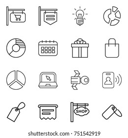thin line icon set : shop signboard, bulb, circle diagram, calendar, gift, shopping bag, notebook, satellite, pass card, label, atm receipt