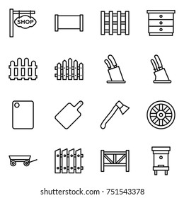 thin line icon set : shop signboard, fence, pallet, chest of drawers, stands for knives, knife holder, cutting board, axe, wheel, trailer, farm, hive