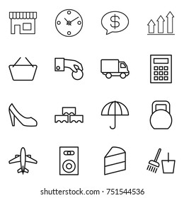 thin line icon set : shop, clock, money message, graph up, basket, hand coin, delivery, calculator, shoes, block wall, dry cargo, heavy, airplane, speaker, cake, bucket and broom