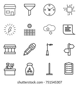 thin line icon set : shop, funnel, clock, chip, lightning, sun power, cloude service, shopping list, market, pencil, outdoor light, signpost, inspector, fertilizer, rake, clipboard