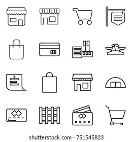 thin line icon set : shop, cart, signboard, shopping bag, credit card, store, scales, list, hangare, pallet