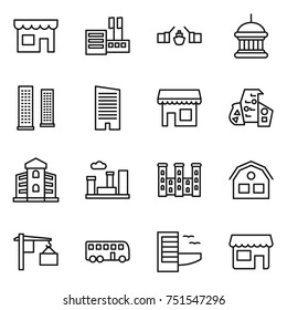 thin line icon set : shop, store, drawbridge, goverment house, skyscrapers, skyscraper, modern architecture, building, city, palace, loading, bus, hotel