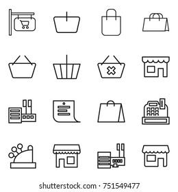 thin line icon set : shop signboard, basket, shopping bag, delete cart, store, list, cashbox, mall