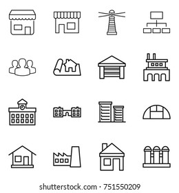 thin line icon set : shop, lighthouse, hierarchy, group, project, garage, factory, university, school, district, greenhouse, home, house, grain elevator