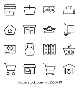 thin line icon set : shop, basket, money, shopping bag, delete cart, scales, cargo stoller, credit card, heavy, pallet, warehouse