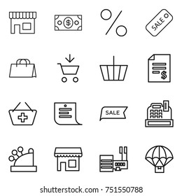 thin line icon set : shop, money, percent, sale, shopping bag, add to cart, basket, account balance, list, cashbox, mall, parachute delivery