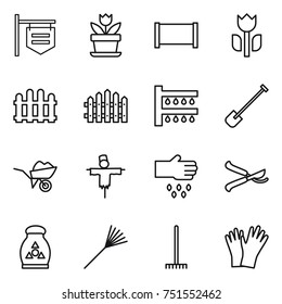 thin line icon set : shop signboard, flower, fence, perishable, watering, shovel, wheelbarrow, scarecrow, sow, pruner, fertilizer, rake, gloves