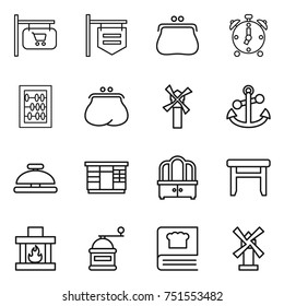 thin line icon set : shop signboard, purse, alarm clock, abacus, windmill, anchor, service bell, wardrobe, dresser, stool, fireplace, hand mill, cooking book