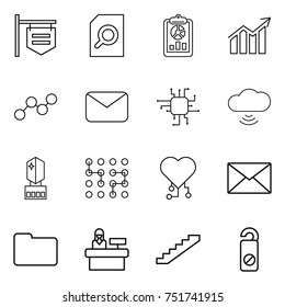 thin line icon set : shop signboard, search document, report, diagram, graph, mail, chip, cloud wireless, crystall memory, cardio, documents, reception, stairs, do not distrub