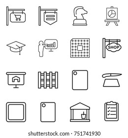 thin line icon set : shop signboard, chess horse, presentation, graduate hat, cpu, pallet, cutting board, utility room, clipboard list