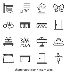 thin line icon set : shop signboard, gift, table lamp, bow, sale, bridge, door, fountain, disco ball, restaurant, service bell, curtain, scarecrow