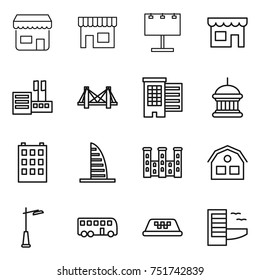 thin line icon set : shop, billboard, store, bridge, houses, goverment house, building, skyscraper, palace, outdoor light, bus, taxi, hotel