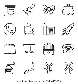 thin line icon set : shop signboard, rocket, bow, purse, phone, tv, curtain, table, dresser, hand mill, sickle, windmill