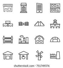 thin line icon set : shop, building, skyscraper, modular house, block wall, school, pyramid, fort, gothic architecture, city, greenhouse, warehouse, windmill, factory