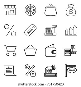 thin line icon set : shop, target, purse, money bag, percent, sale, cashbox, graph up, cart, basket, wallet, store, shopping list, signboard