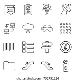 thin line icon set : shop signboard, report, 24 7, satellite antenna, notebook connect, cloud wireless, smart glasses, chip, bar code, list, singlepost, info, documents, escalator, do not distrub