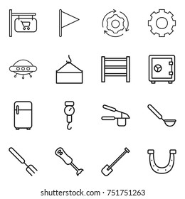thin line icon set : shop signboard, flag, around gear, ufo, loading crane, rack, safe, fridge, handle scales, garlic clasp, ladle, big fork, blender, shovel, horseshoe