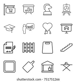 thin line icon set : shop signboard, presentation, chess horse, graduate hat, cardio chip, inventory, pallet, cutting board, stairs, utility room, iron