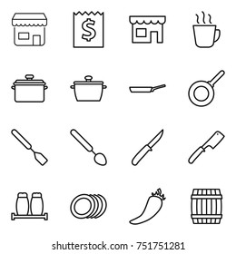 thin line icon set : shop, receipt, hot drink, pan, spatula, big spoon, knife, chef, salt pepper, plates, barrel