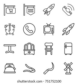 thin line icon set : shop signboard, rocket, call, alarm clock, phone, tv, table, dresser, chair, fridge, kettle, walnut crack, sickle, windmill