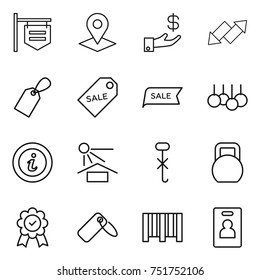 thin line icon set : shop signboard, pointer, investment, up down arrow, label, sale, info, sun potection, do not hook sign, heavy, medal, bar code, identity card