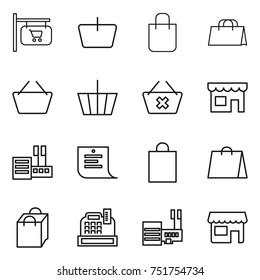 thin line icon set : shop signboard, basket, shopping bag, delete cart, store, list, cashbox, mall