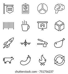 thin line icon set : shop signboard, report, diagram, brain, bar code, hot drink, presentation, 3d, rocket, plane, garlic clasp, chicken leg, cow, eggplant, fire, reload