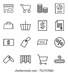 thin line icon set : shop, cart, coin stack, annual report, shopping bag, basket, receipt, account balance, label, sale, percent, bar code, hanger