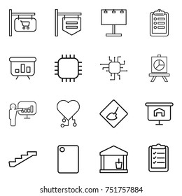 thin line icon set : shop signboard, billboard, clipboard, presentation, chip, cardio, under construction, stairs, cutting board, utility room, list