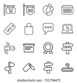 thin line icon set : shop signboard, circle diagram, calendar, sale, shopping bag, message, notebook, satellite, atm receipt, medal, singlepost, signpost, label, hanger