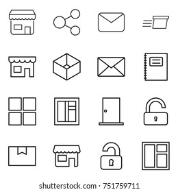 thin line icon set : shop, share, mail, delivery, box, copybook, window, door, unlock, package, unlocked