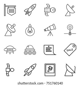 thin line icon set : shop signboard, rocket, satellite, antenna, telescope, laser, ufo, lunar rover, shopping list, sale label, photo
